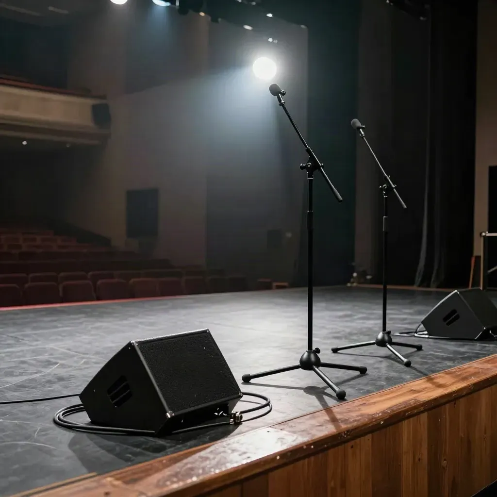 Palco vuoto con aste microfoniche, casse su stativi, monitor wedge e cavi pronti