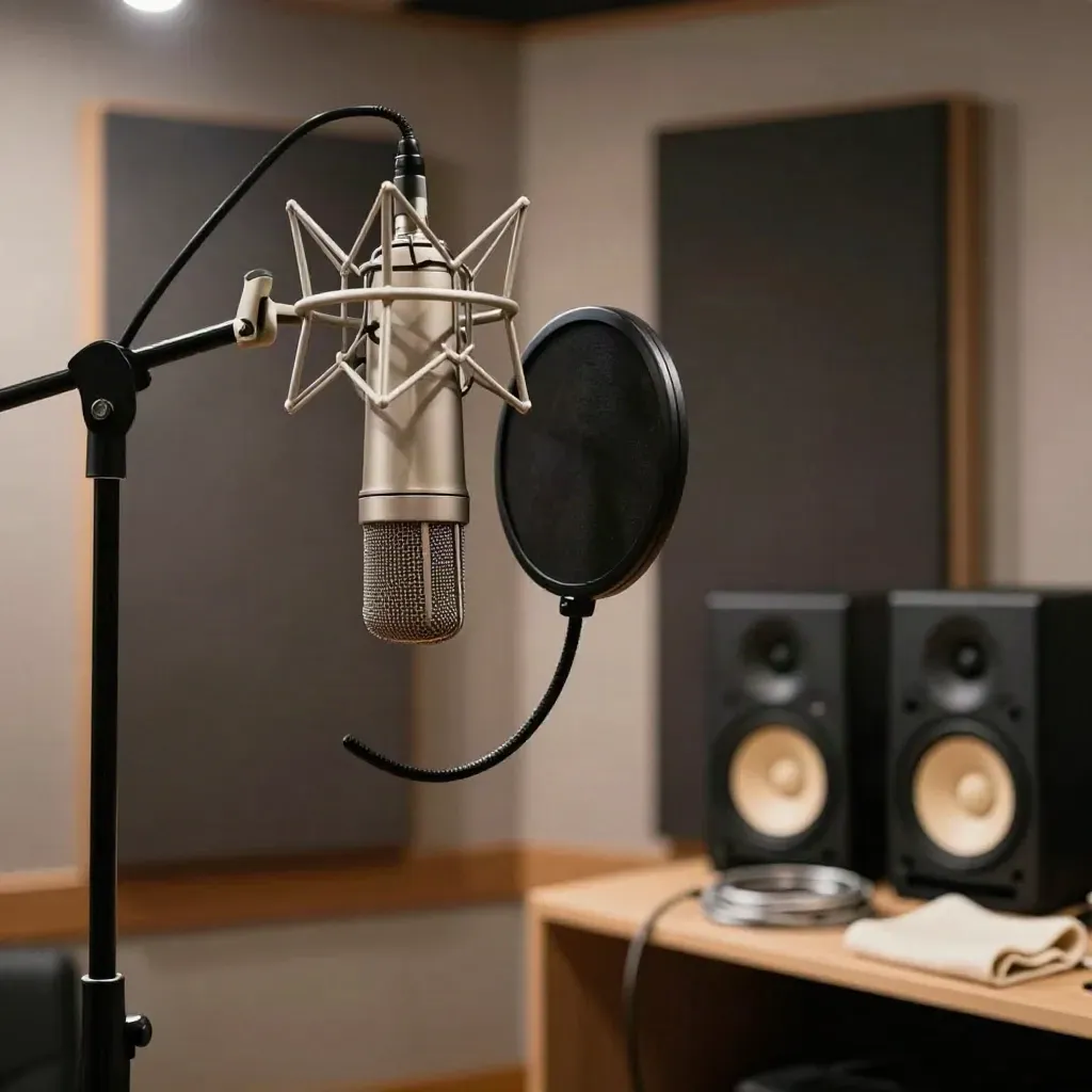 Cabina di registrazione calda con microfono a condensatore, gobos e diffusori nearfield in live room.