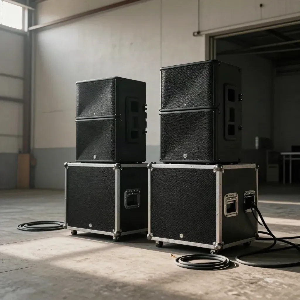 Impianto PA con casse, subwoofer e flight case pronto per il montaggio rapido.