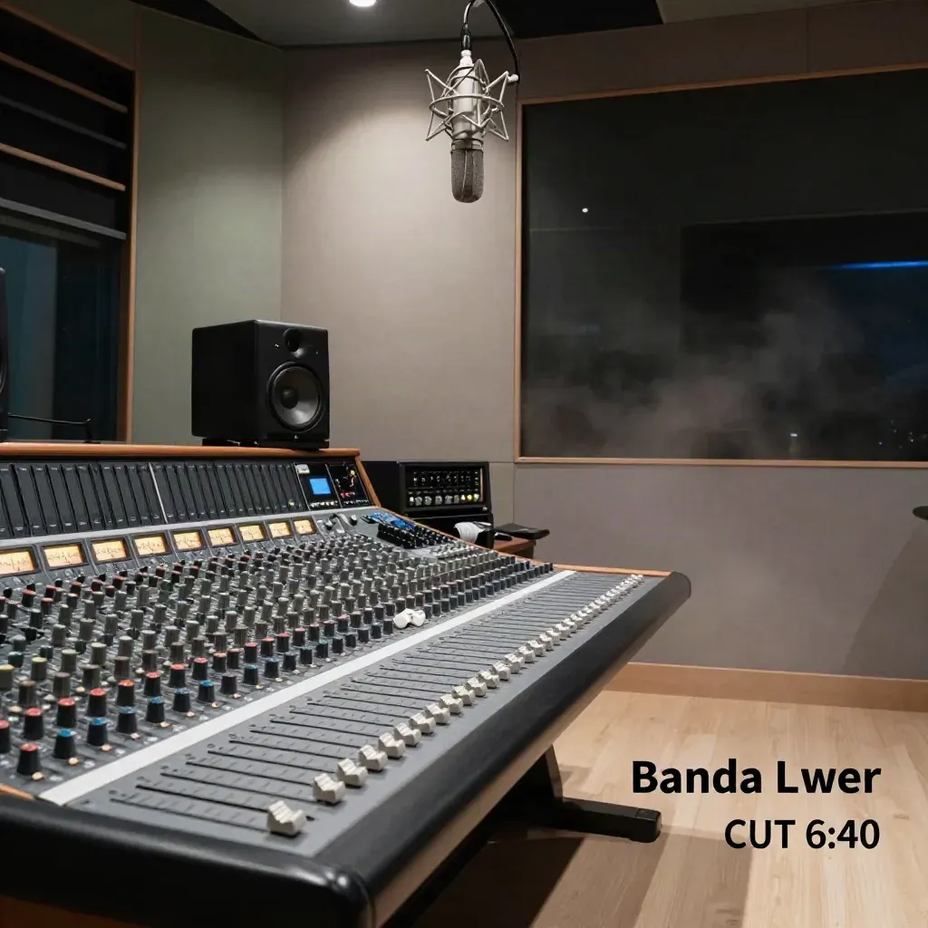 Regia audio professionale con console, rack, microfono sospeso e monitor in luce cinematica.