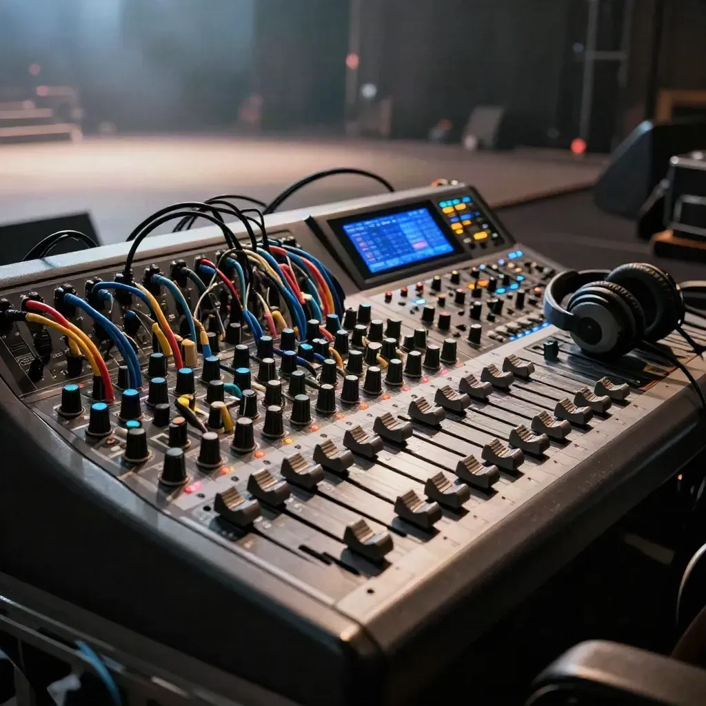 Console FOH con mixer live, rack wireless, cavi ordinati e cuffie in una venue fumosa