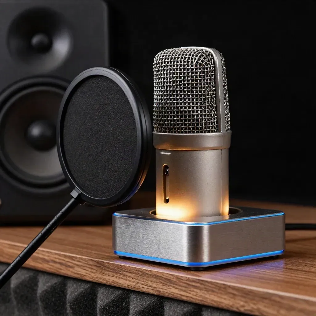 Cabina voiceover con microfono, filtro anti-pop e monitor nearfield.