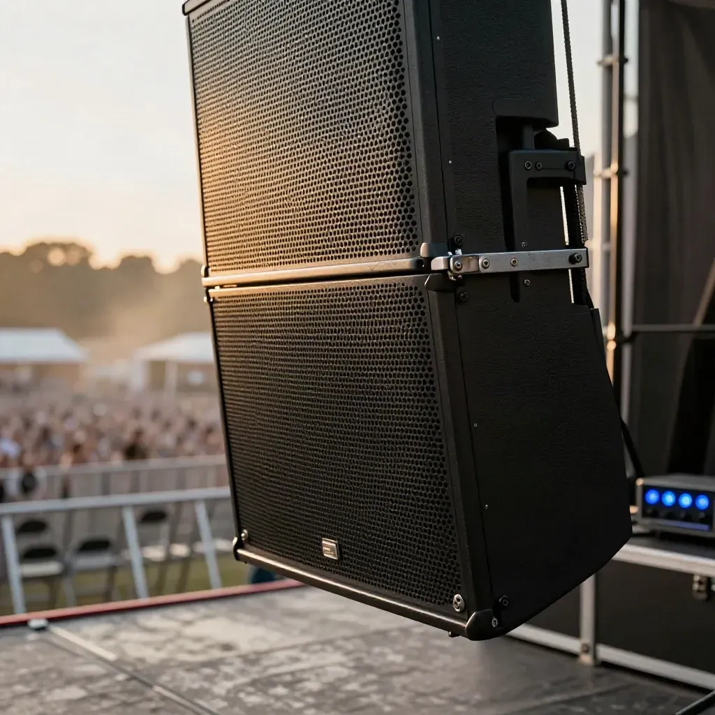Array audio sospeso sopra palco esterno vuoto, dettagli metallici e luce serale calda.
