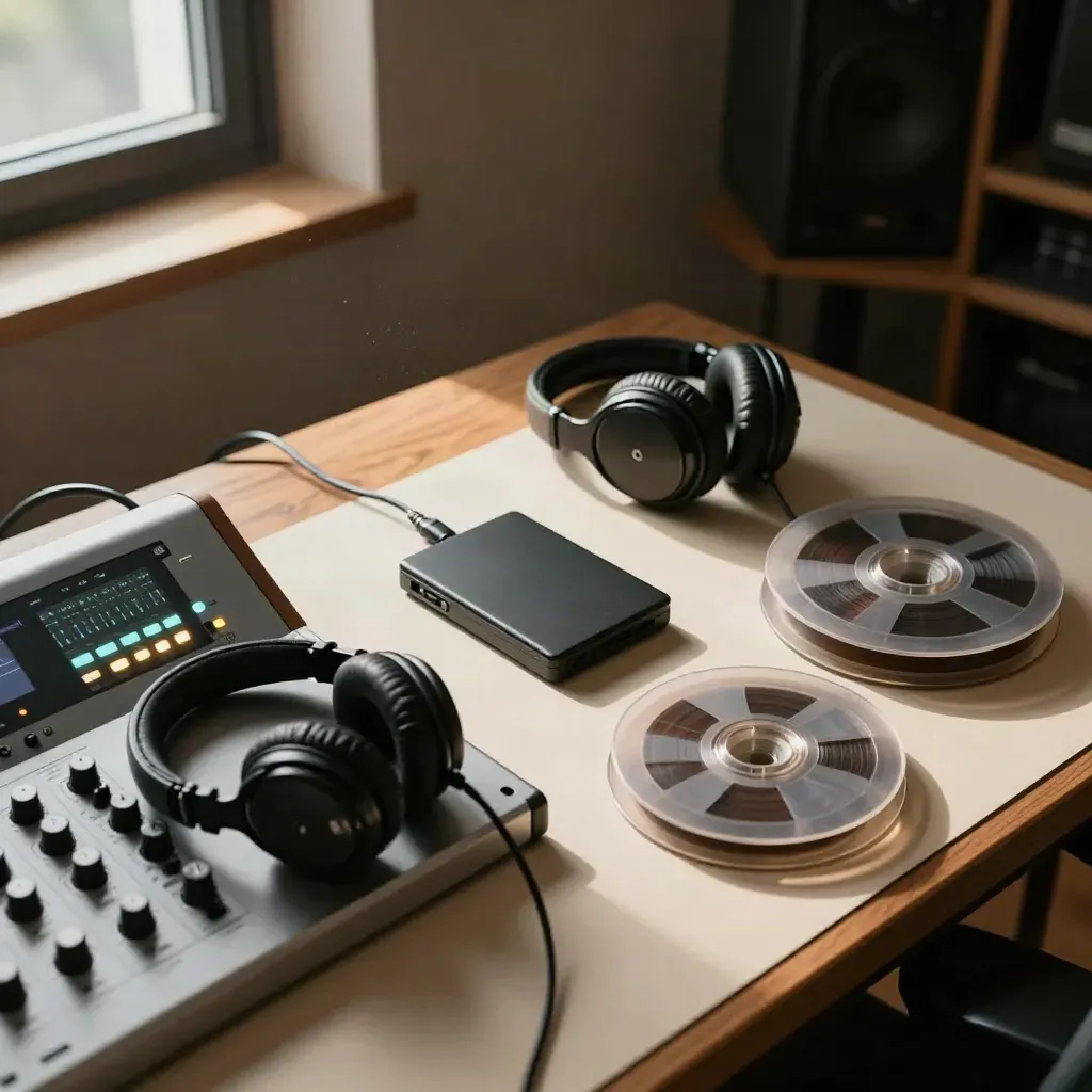Postazione di editing audio con cuffie, hard disk e bobine su banco in luce calda.