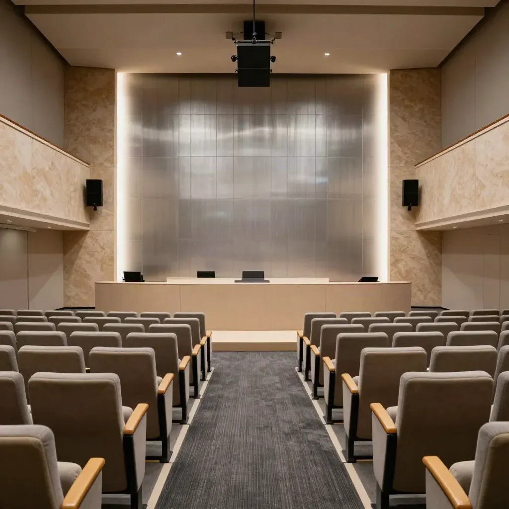 Salone congressi vuoto con podio neutro, impianto audio discreto e sedute ordinate.