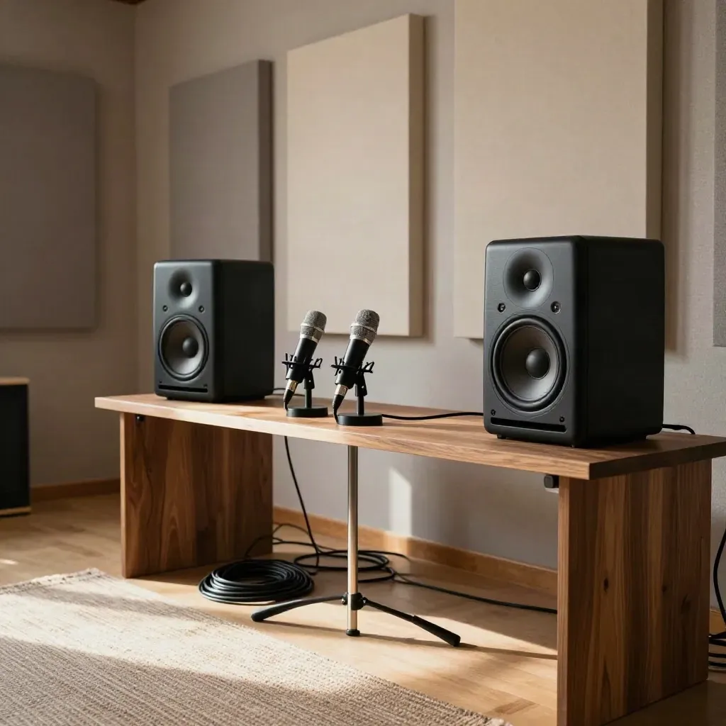 Sala prove ordinata con microfoni, monitor, pannelli acustici e tappeto, luce calda naturale.