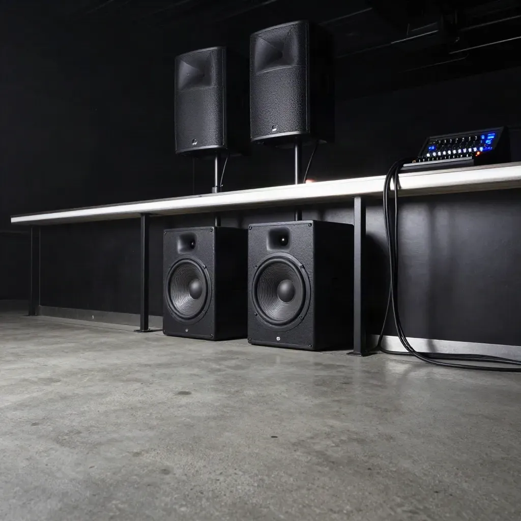 Locale vuoto con impianto PA pronto, subwoofer e mixer accesi, atmosfera fumosa.