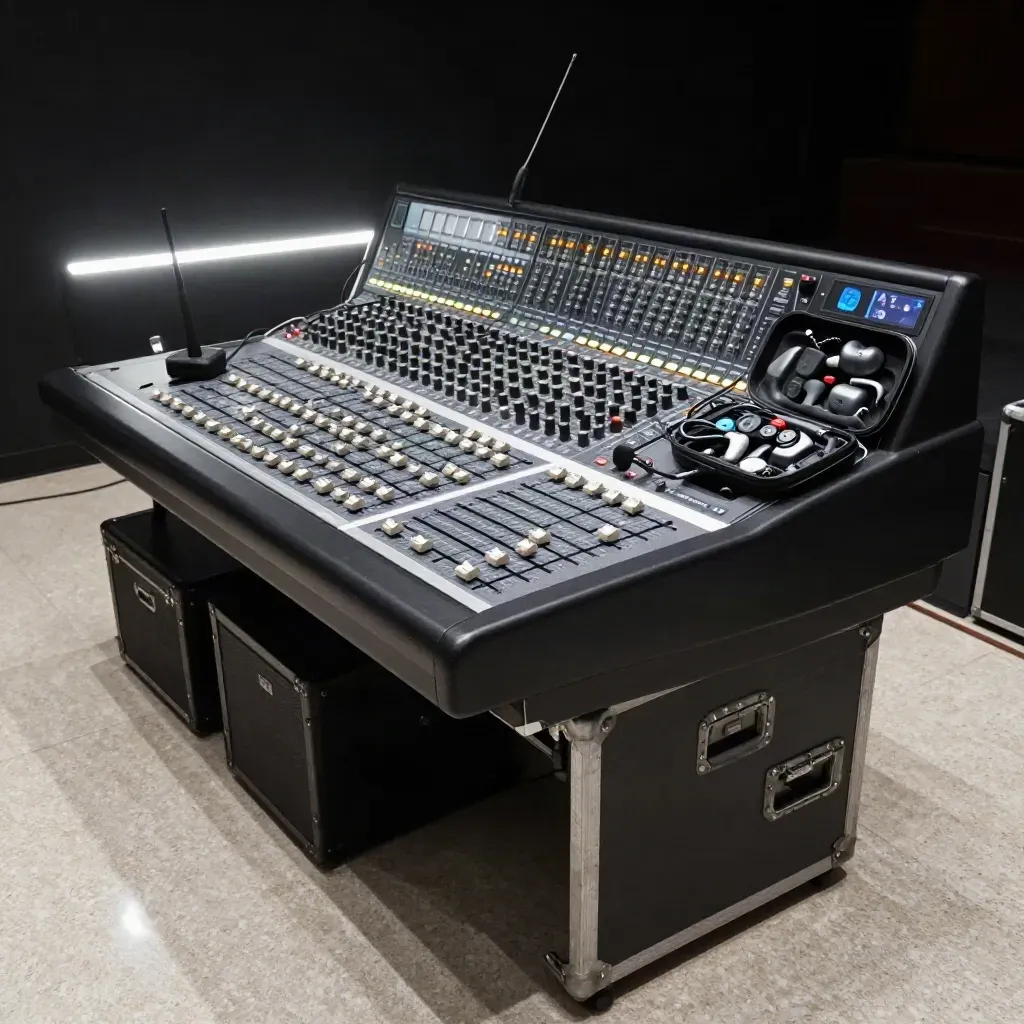 Banco mixer live con fader usurati, microfono talkback e case in-ear su palco buio.