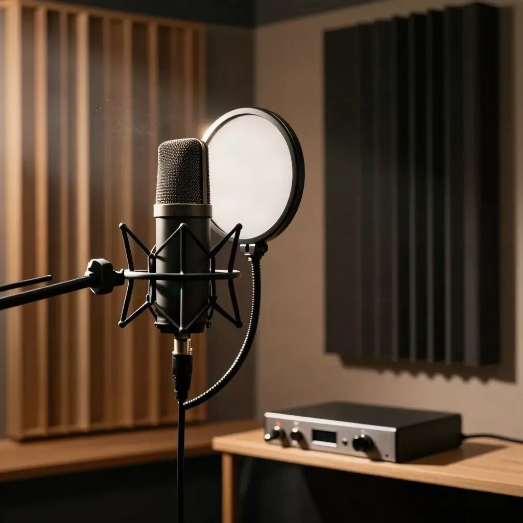 Cabina voce con microfono, filtro pop, pannelli acustici e drive audio pronto al montaggio.