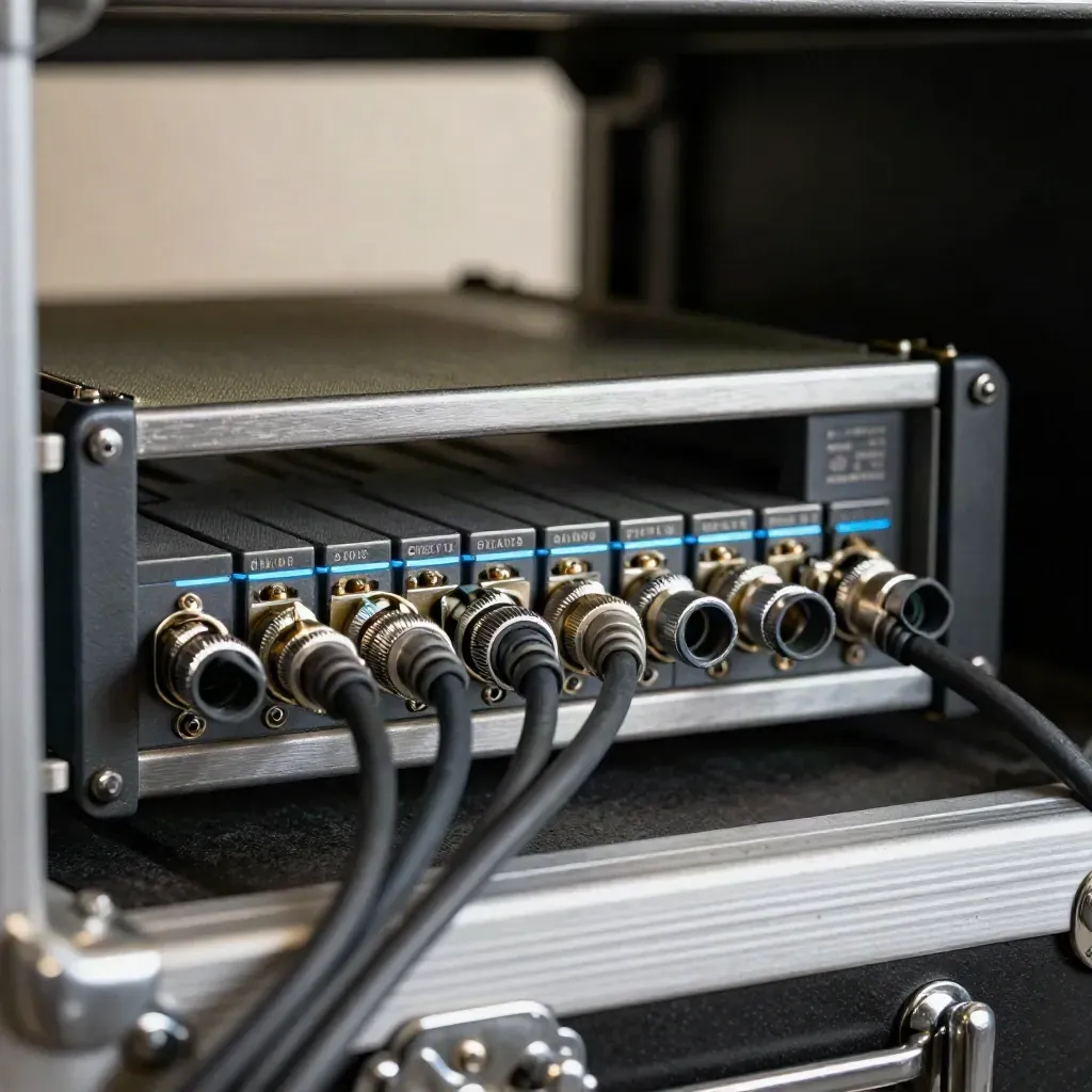 Connettori speakON e cavi intrecciati in un rack di potenza backstage, vista macro ravvicinata.