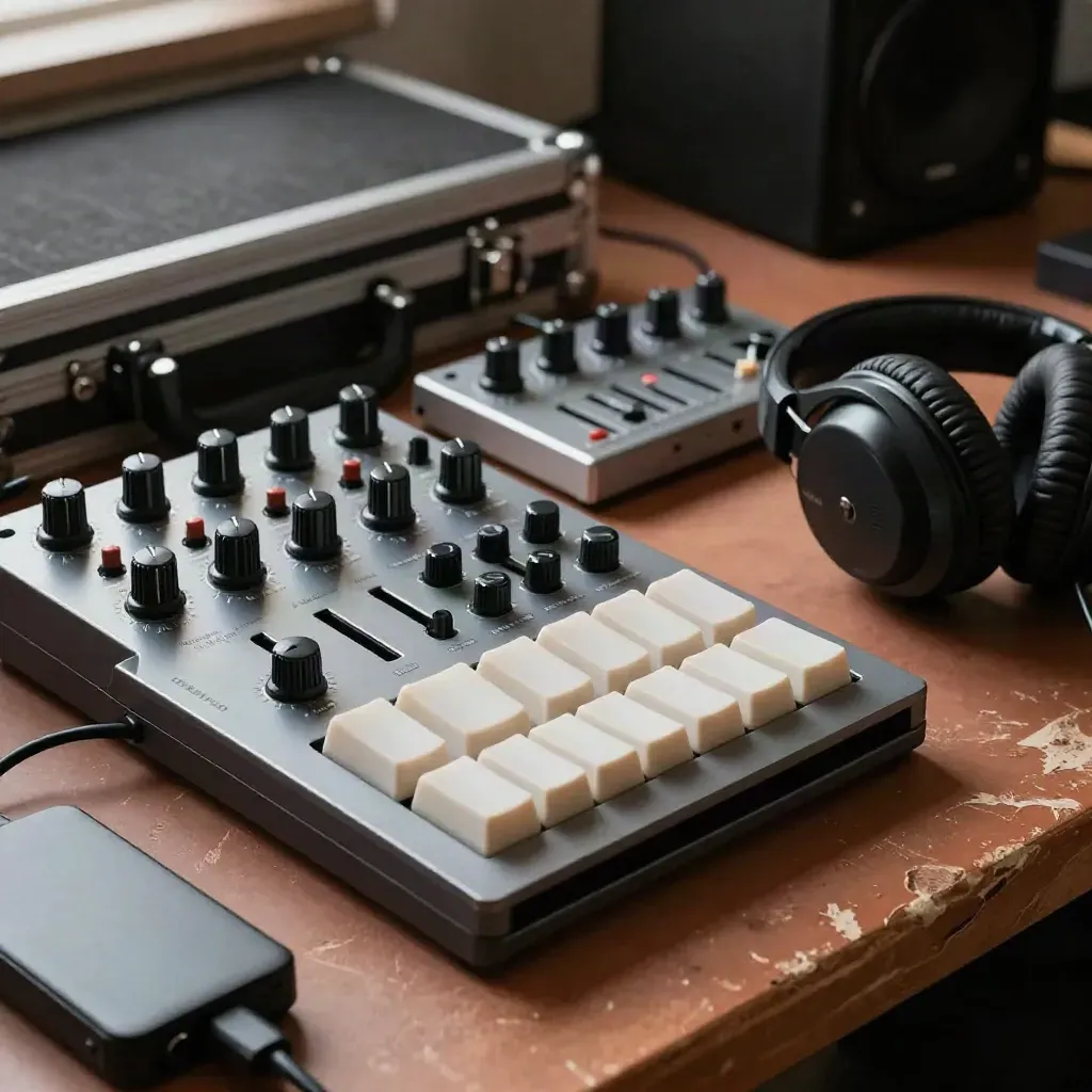 Controller MIDI, tastiera compatta, moduli synth, cuffie e disco esterno su banco studio in luce morbida.