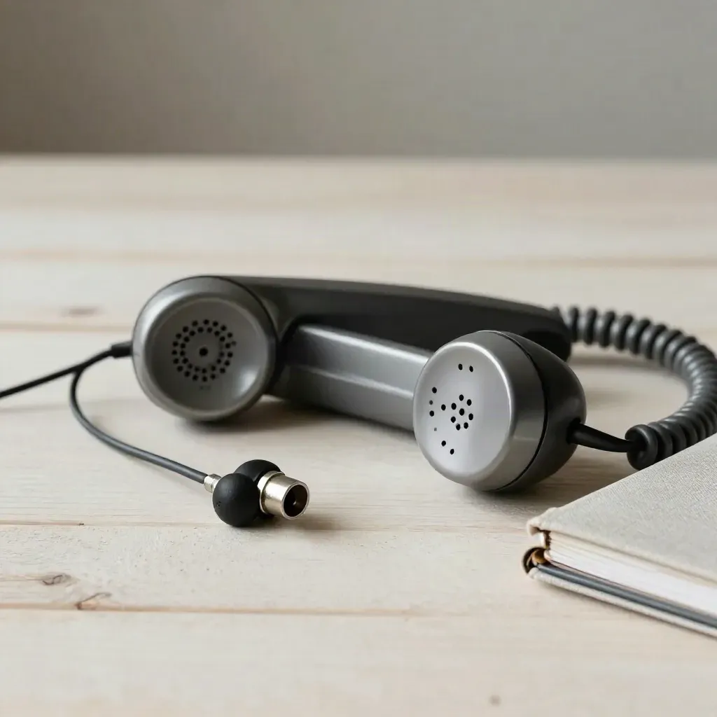 Telefono di regia, connettore XLR, auricolare intercom e agenda chiusa su legno chiaro.