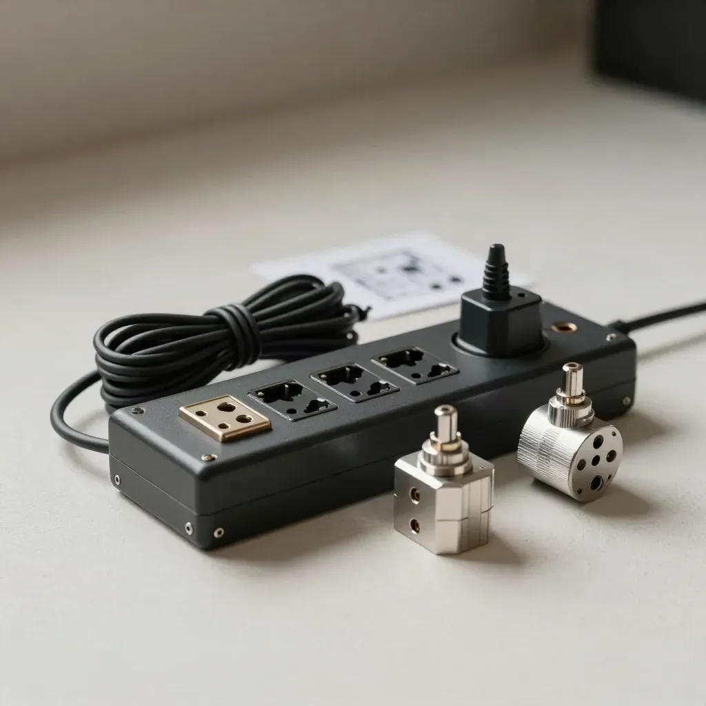 Pannello audio, multipresa, nastro gaffer e adattatori su fondo chiaro.