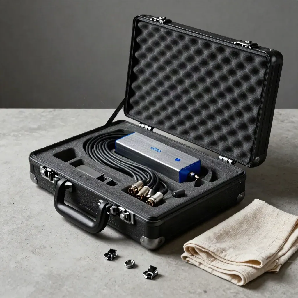 Cassa flight case aperta con DI box, cavi XLR e morsetti su vassoio in pietra, luce morbida laterale.