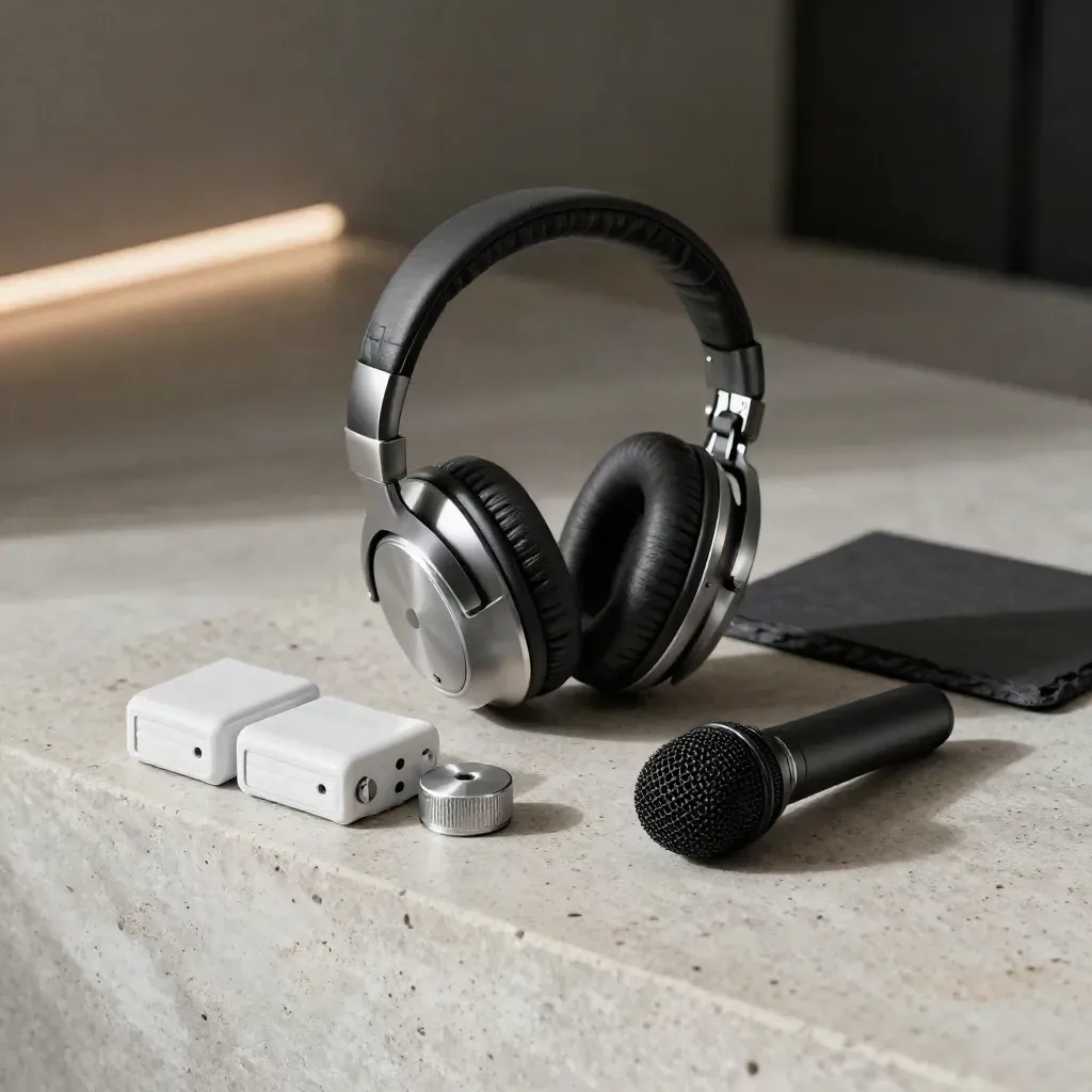 Cuffie chiuse, trasmettitore, batterie e microfono talkback su pietra chiara.