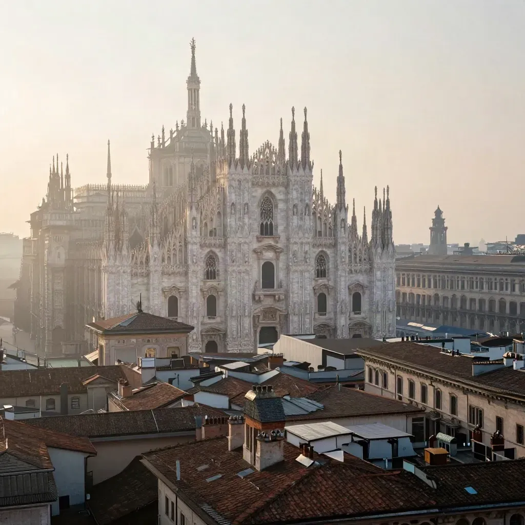 Duomo di Milano e tetti storici nella foschia dell'alba, con spazio calmo in basso