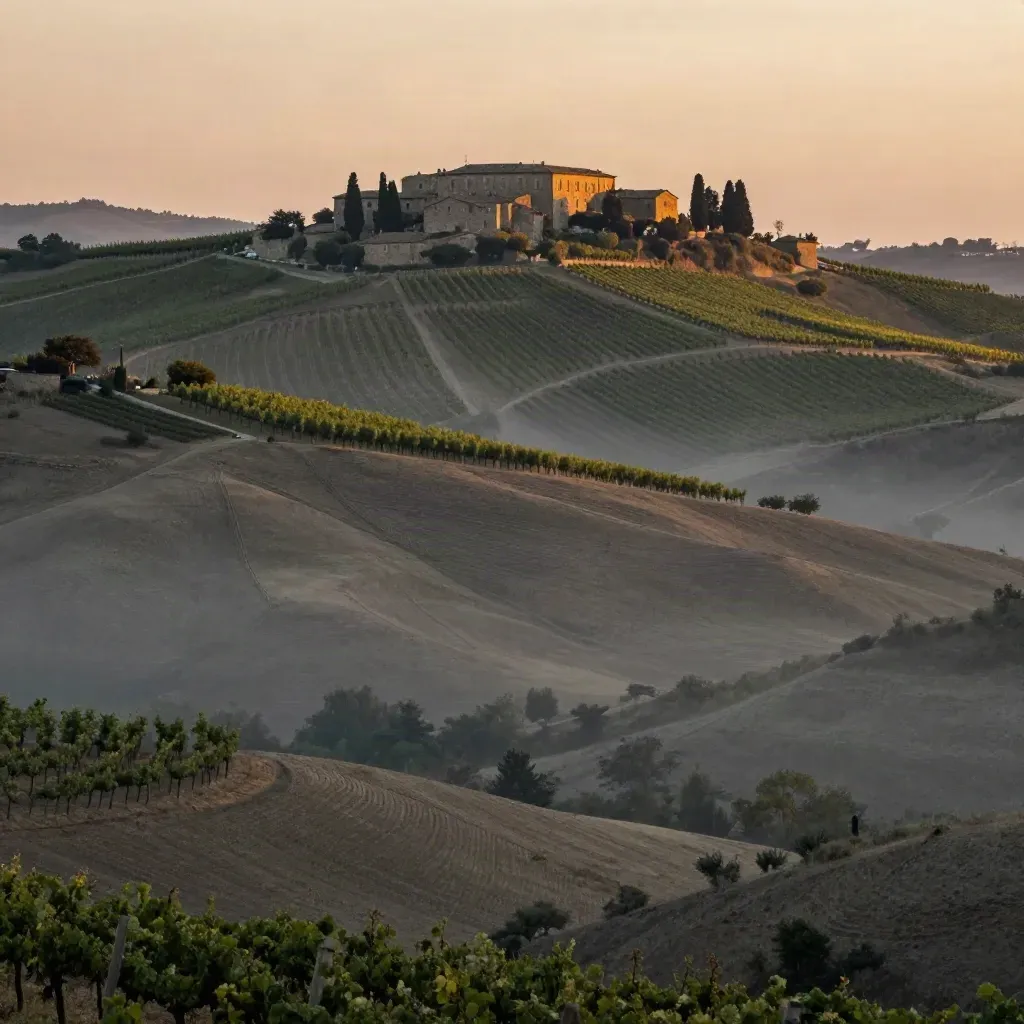 Colline dell’Emilia-Romagna con vigneti, borgo in pietra lontano e foschia calda.