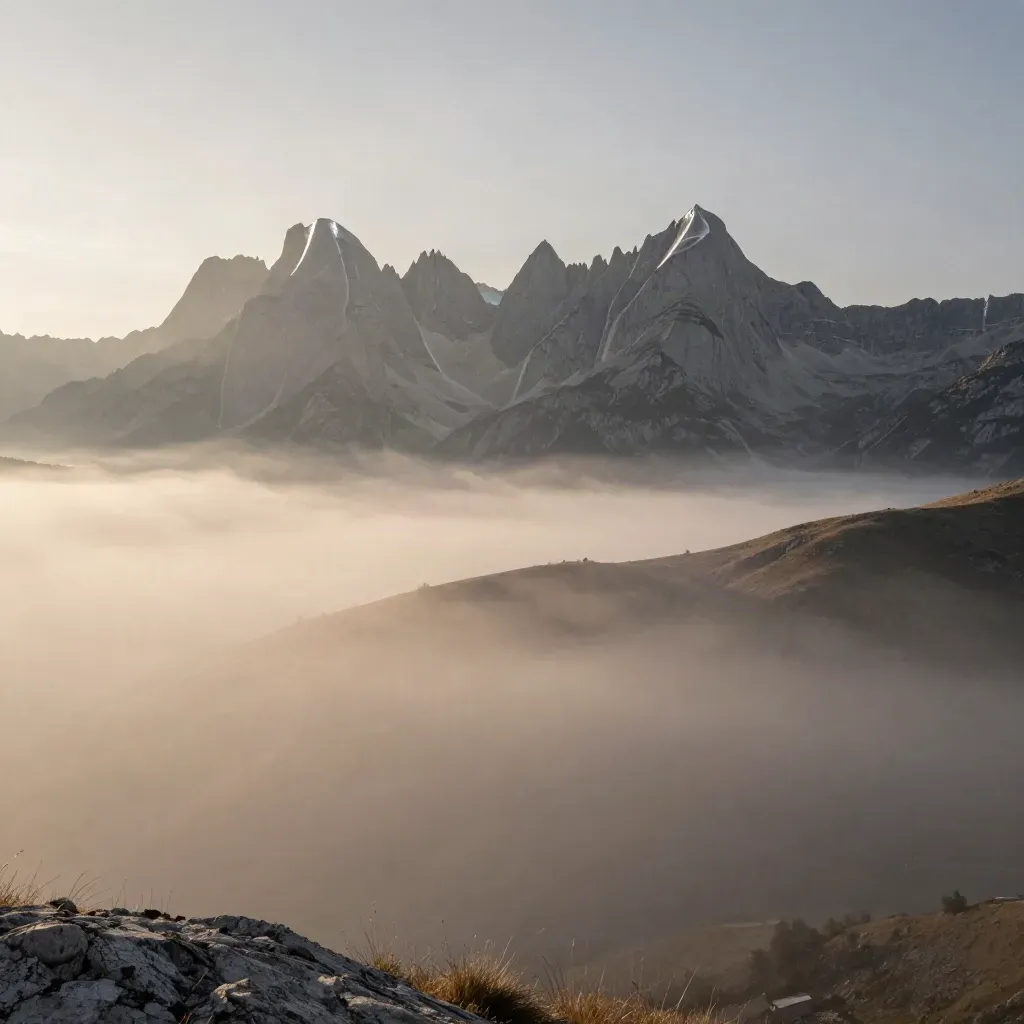 Panorama alpino piemontese all’alba con nebbia bassa e colline morbide