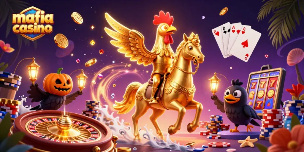 Mafia Casino scene with a golden rooster and ghostly horse showcasing dynamic casino elements and vibrant action.