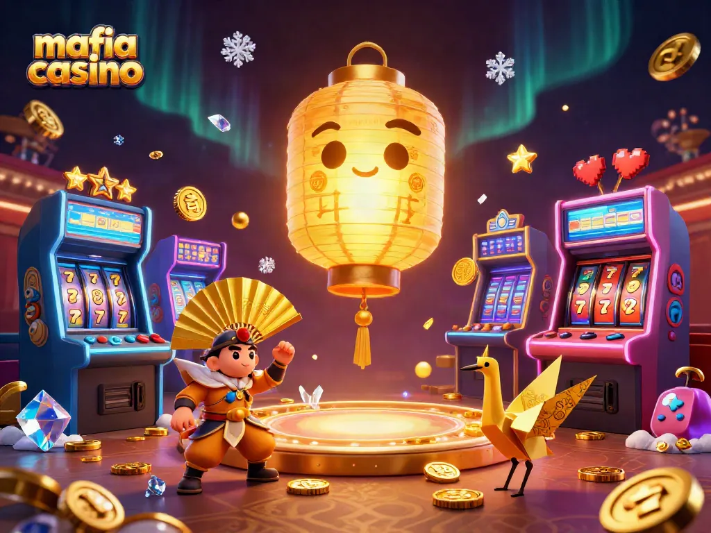 Mafia Casino features a dazzling 3D scene with a golden lantern spirit and vibrant arcade games, capturing the essence of gaming excitement.